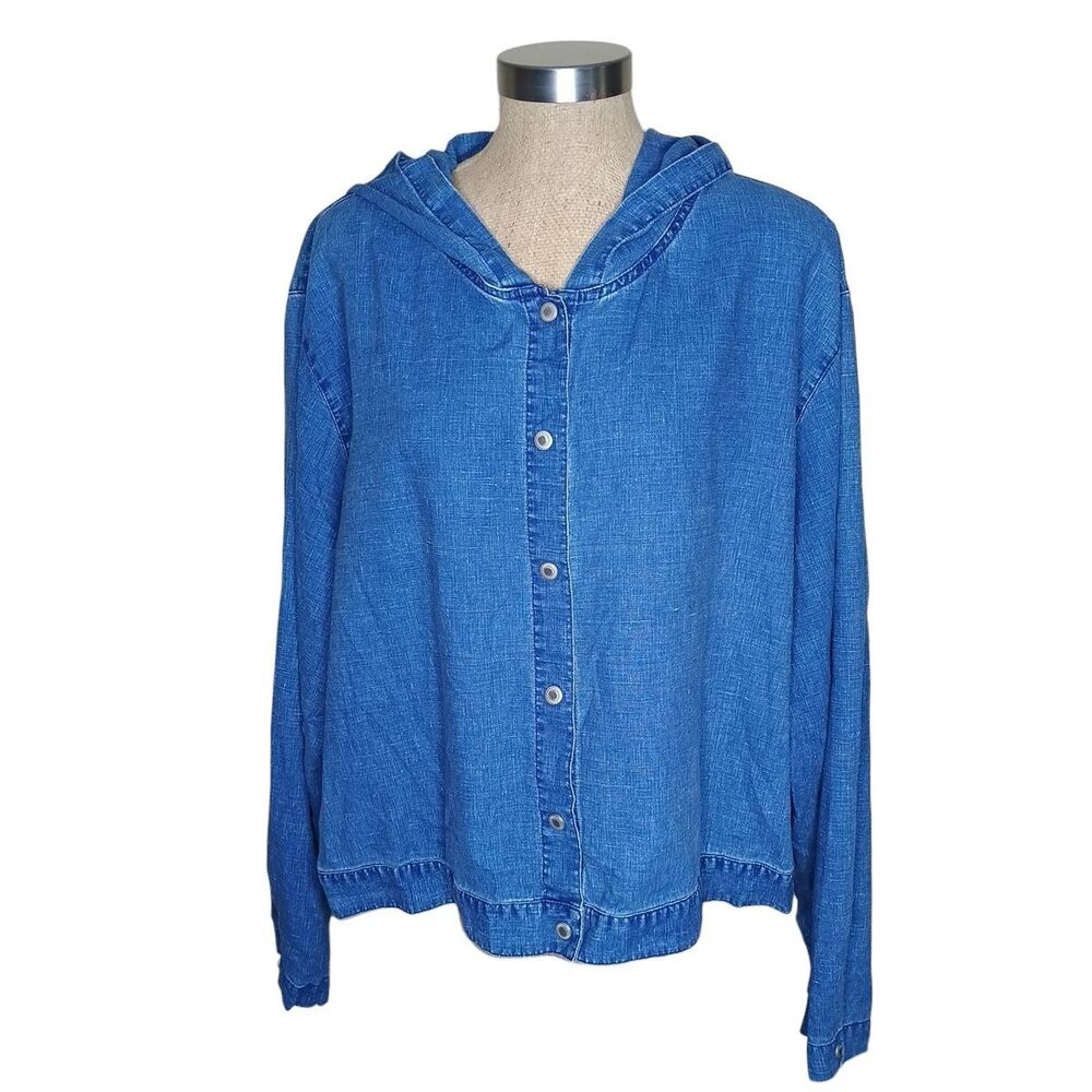 Venezia Linen Blend Shirt Women’s 26-28 Blue Long Sleeve Coastal Cottage Hood